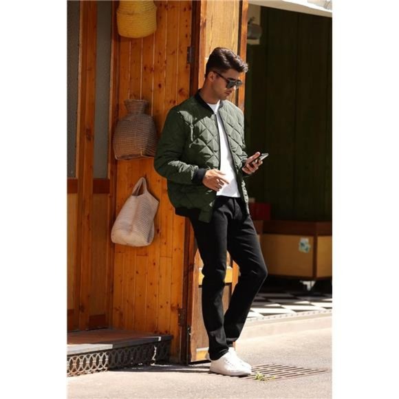 Mens Diamond Quilted Jackets Bomber Varsity Winter Fall Chunky Coats Outwear - Picture 4 of 7